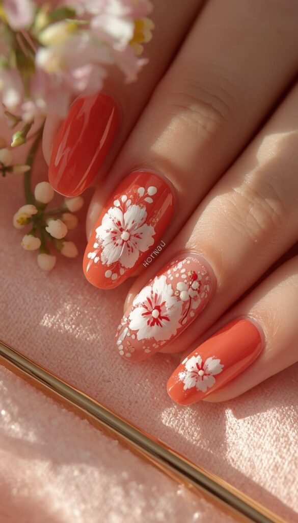 Coral French Tip Nails with a Modern Spring Twist
