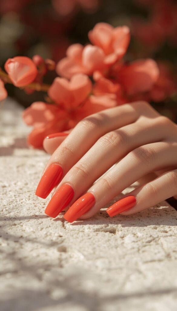 Coral Red Square Nails