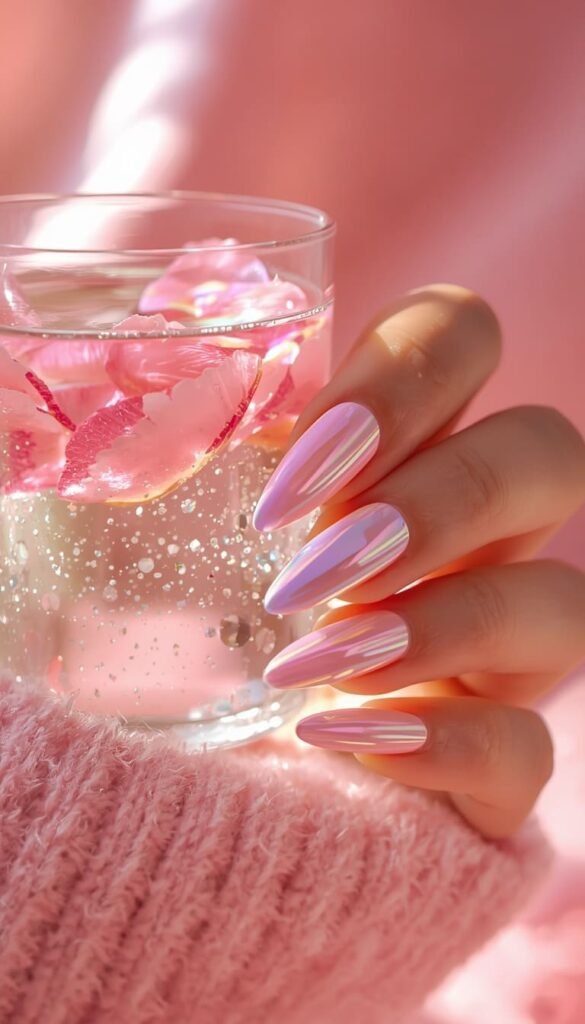Milky Pink Soft Girl Nails With Chrome Finish