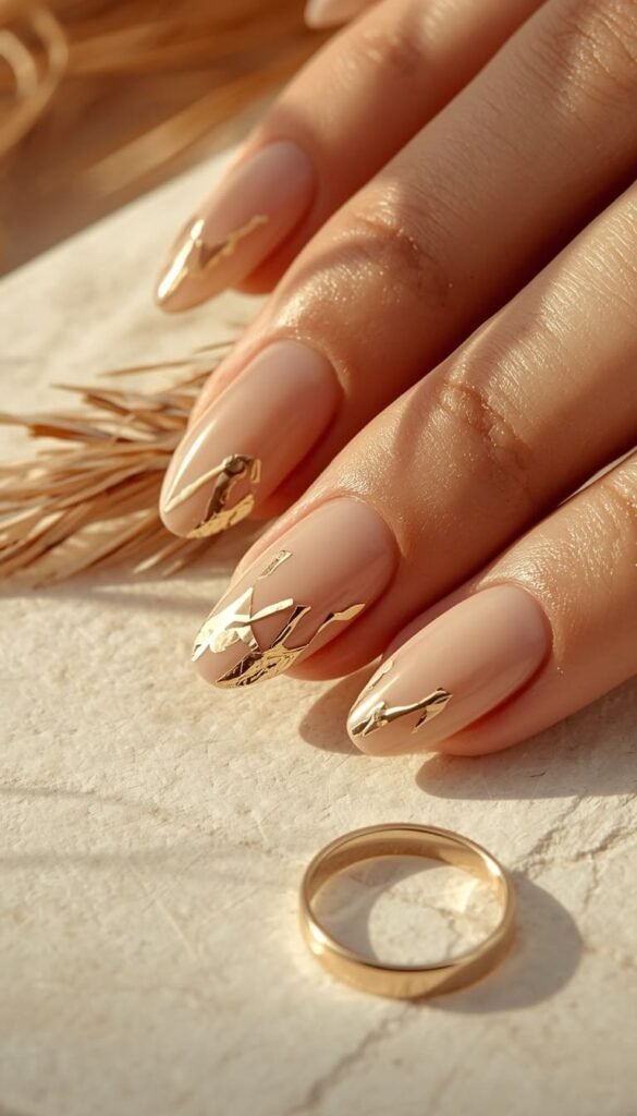 Nude and Gold Foil Minimal Nails