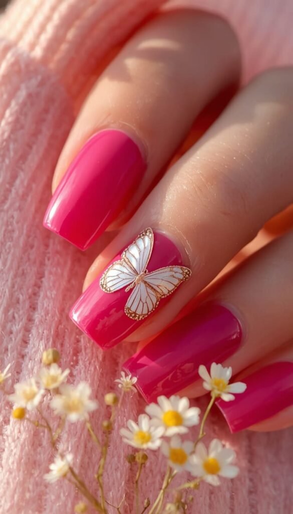 Pink Butterfly Nails for a Playful Spring Moment