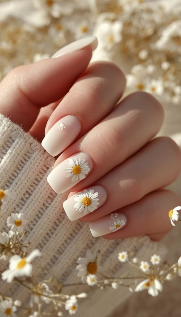 White Daisy Floral Accent Square Nails
