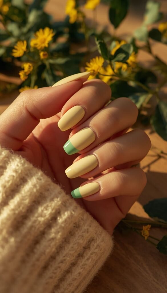 Butter Yellow and Matcha Mismatched Mani