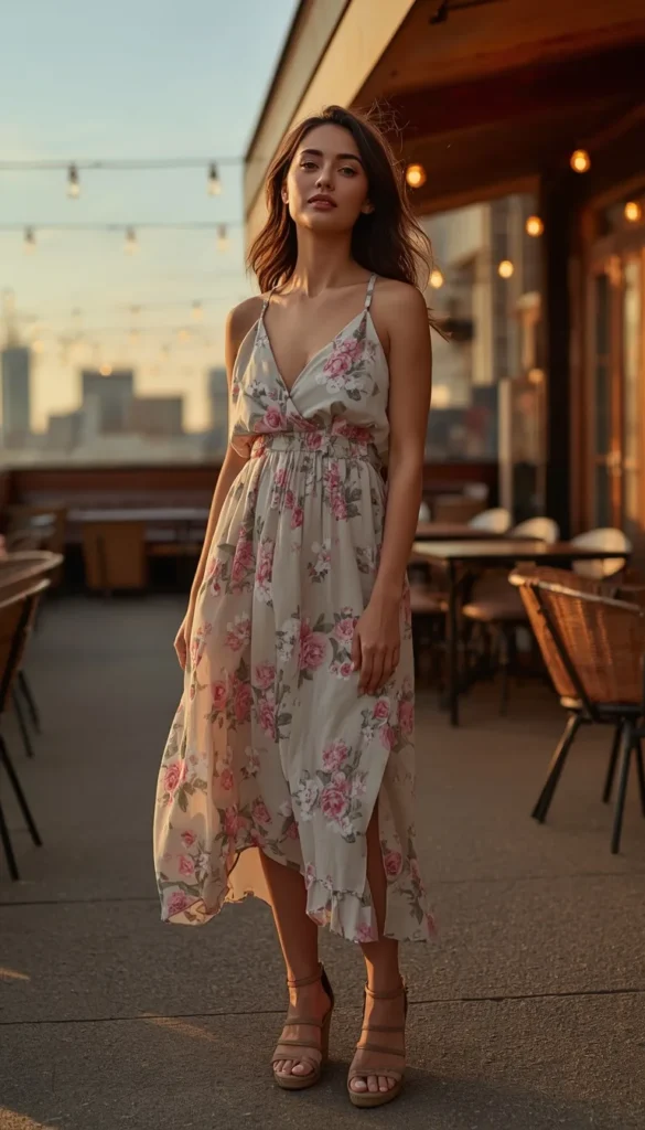 Floral Midi Dress and Wedge Sandals The Warm Weather Winner