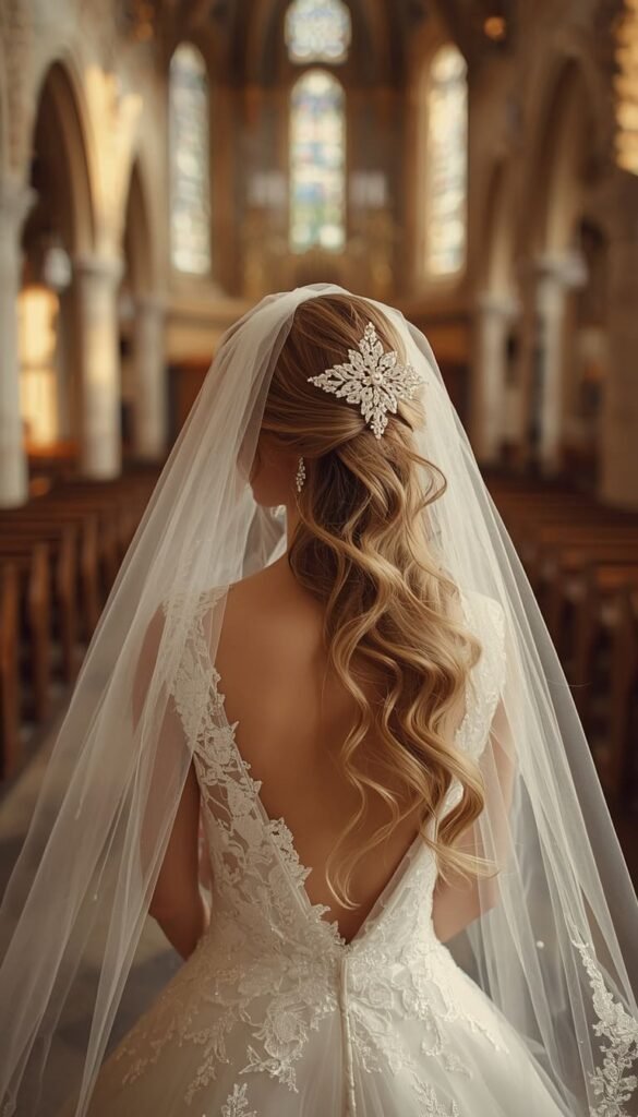 Half Up with Veil and Bridal Hair Accessories