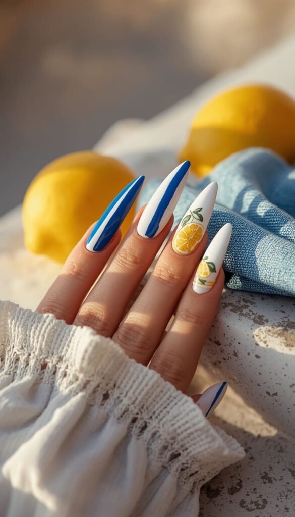 Mediterranean Lemon and Stripe Nails — Your Amalfi Coast Fantasy in Nail Form