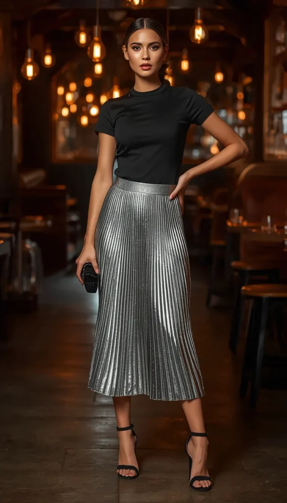 Metallic Pleated Skirt and Fitted Black Tee Easy Wow Factor