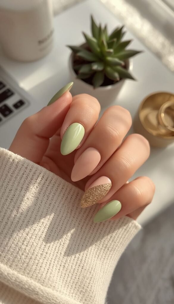  Pistachio Green with Gold Glitter Accent — The Quiet Luxury of Bright Nails