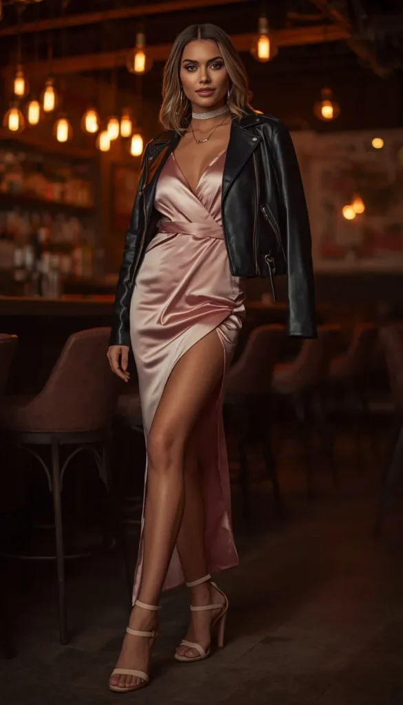 Satin Slip Dress and Leather Jacket Soft Meets Edgy
