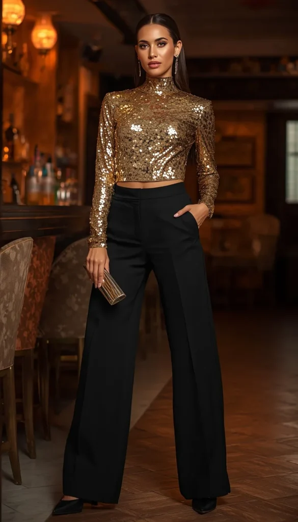 Sequin Top and Black Trousers Sparkle Without Trying Too Hard