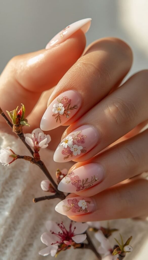 Sheer Cherry Blossom Almond Nails