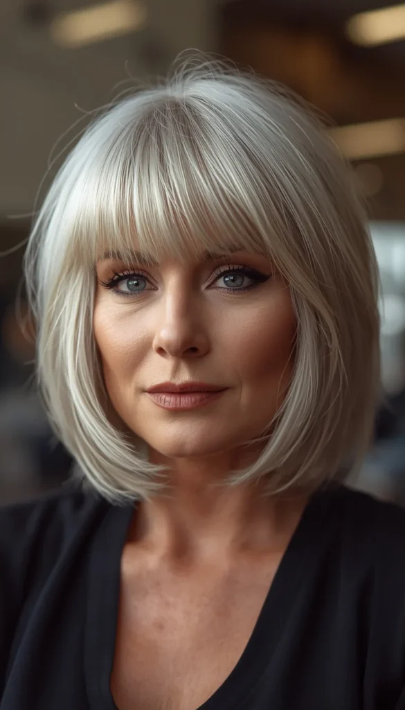 Silver Shag Haircut with Full Fringe