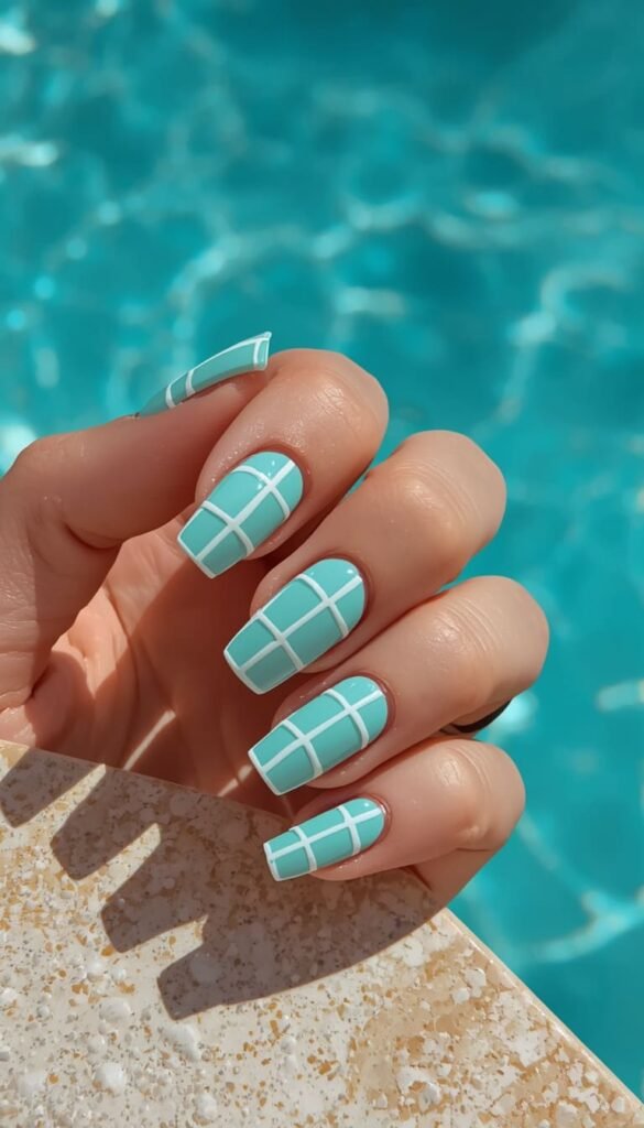 Teal Pool Tile Geometric Nails — Short Nails That Actually Steal the Show