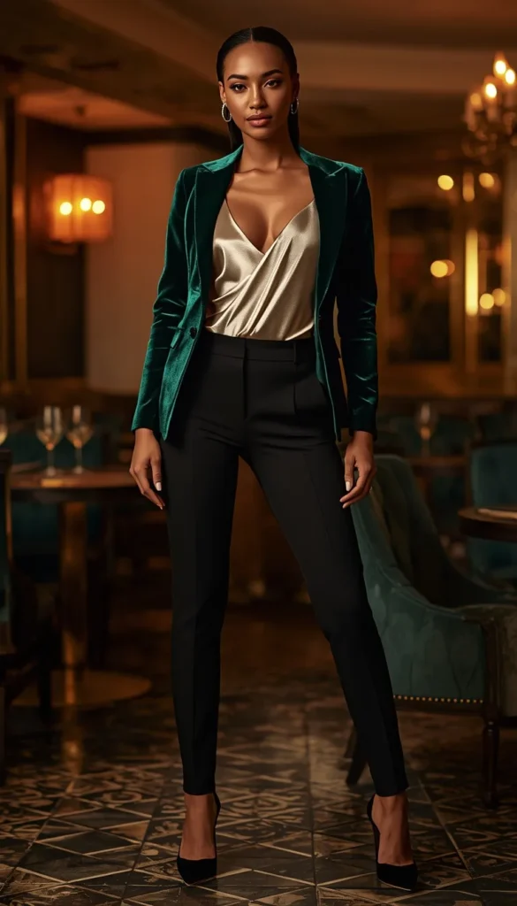 Velvet Blazer and Satin Camisole with Slim Pants Date Night Chic