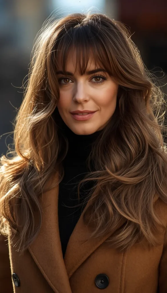 Long Layered Cut with Side Bangs for Thicker Hair