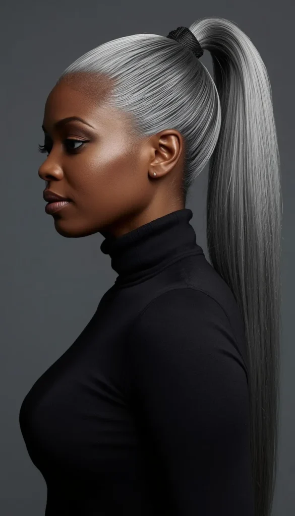 Long Silver Ponytail with Natural Volume