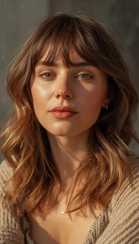 Medium Length Waves with Eyebrow Skimming Bangs