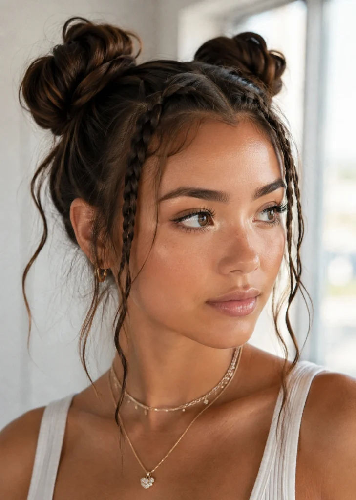 Space Buns with Braids Woven In