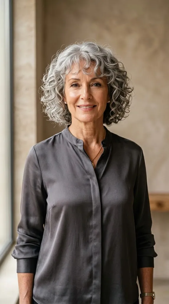 Textured Gray Pixie with Curly Bangs