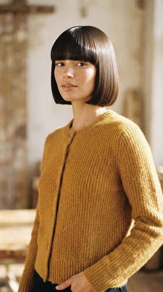 The Chin Length Bob with Full Fringe for Round Faces