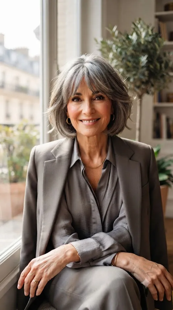 The Sophisticated Salt and Pepper Bob with Bangs