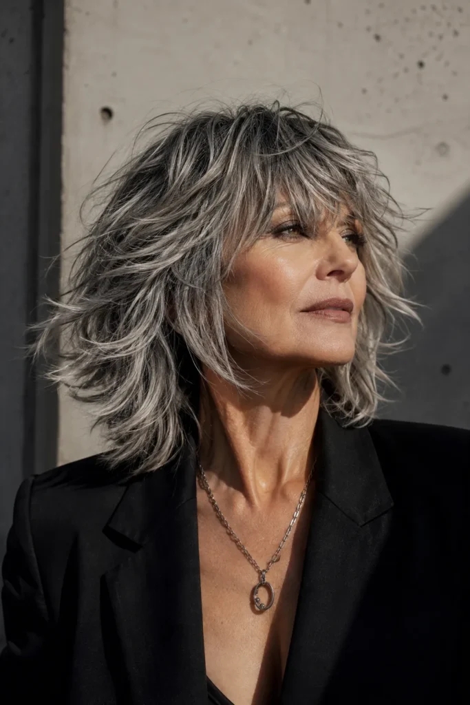 Undone Wolf Cut for Thick Gray or Silver Hair