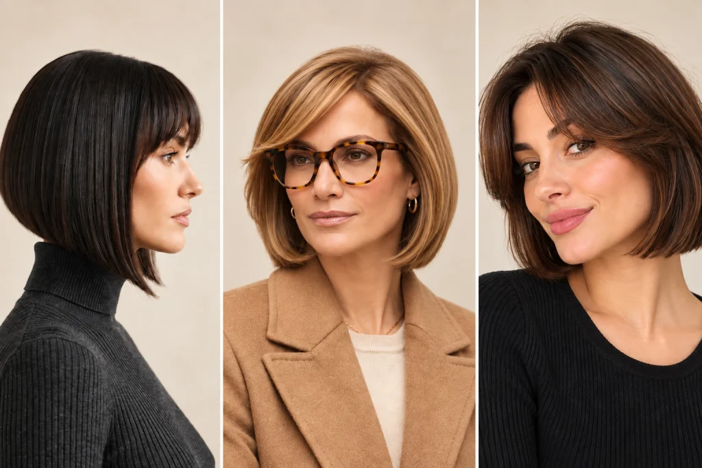 Three women over 60 wearing bob haircuts with bangs in dark, blonde and brunette styles