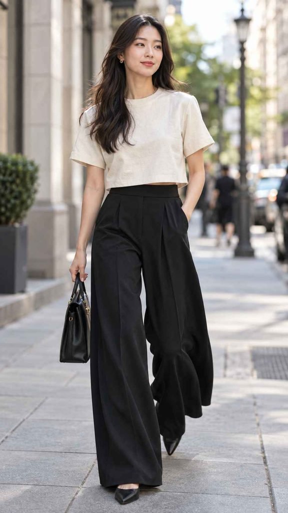 Boxy Crop Top With High Waist Wide Leg Trouser