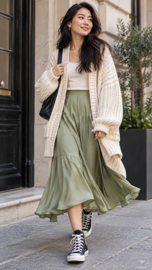 Cardigan With Midi Skirt And High Top Sneakers