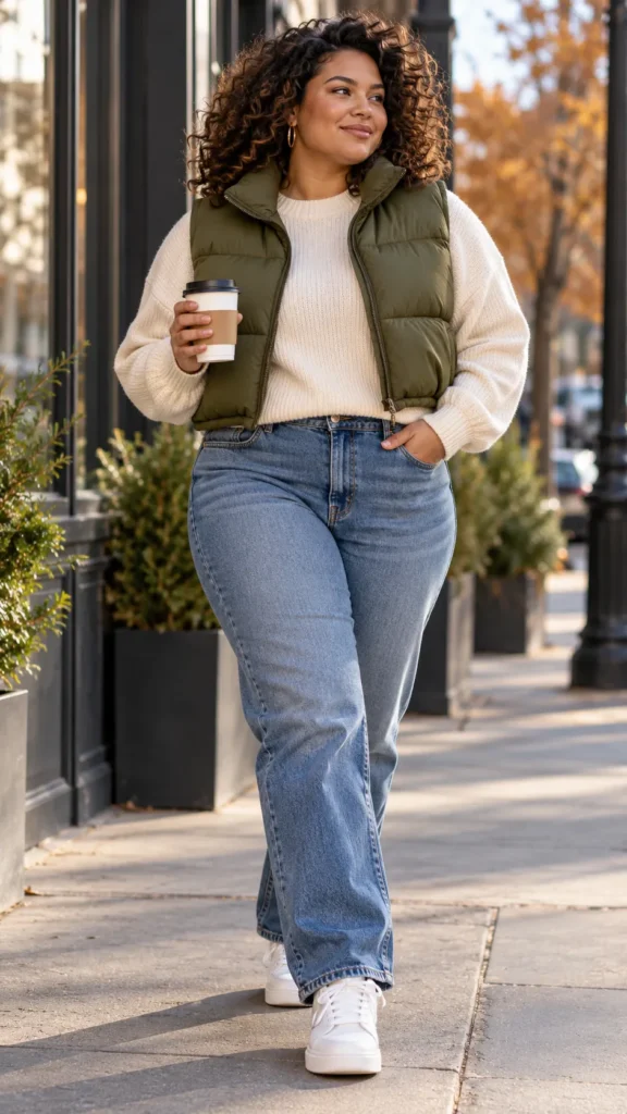 Cropped Puffer Vest With Sweater And Jeans