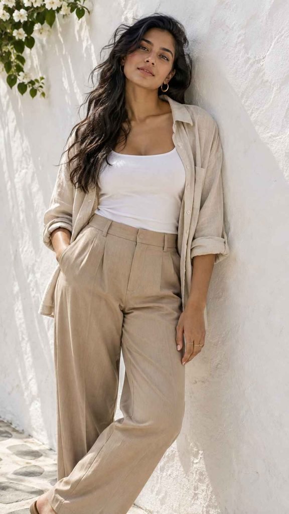 Square Neck Fitted Tank With Linen Overshirt Worn Open
