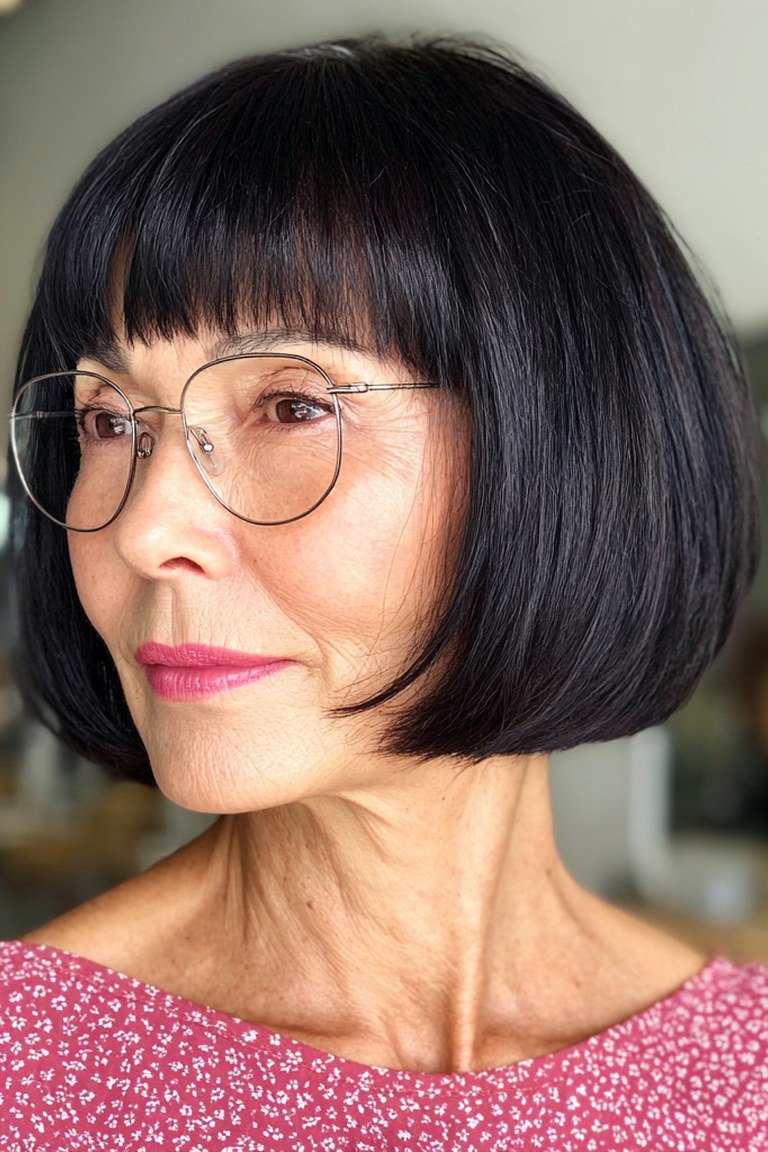 Classic sharp jaw length bob with straight bangs, ends exactly at the jawline