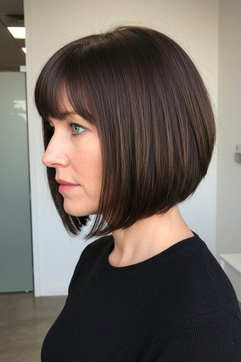 Classic blunt jaw length bob with razor-clean one-length edge at the jawline
