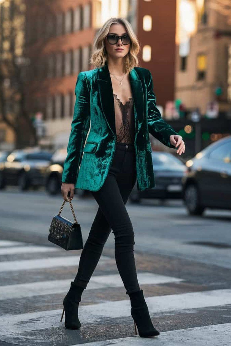 Emerald velvet blazer with black camisole and slim trousers