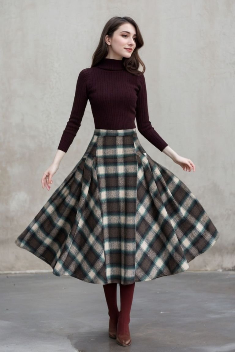 Black turtleneck sweater with a plaid midi skirt and knee boots for a winter date night