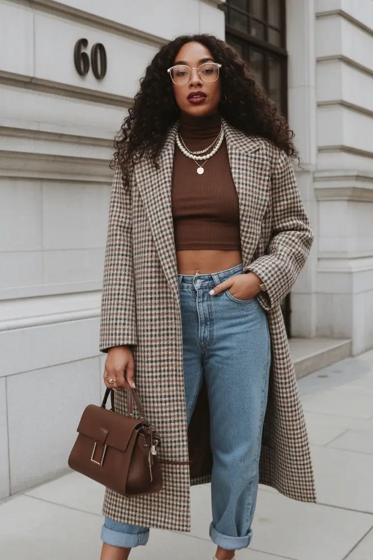 Plaid coat with a cropped top and high-waist jeans, a casual plaid winter outfit for women