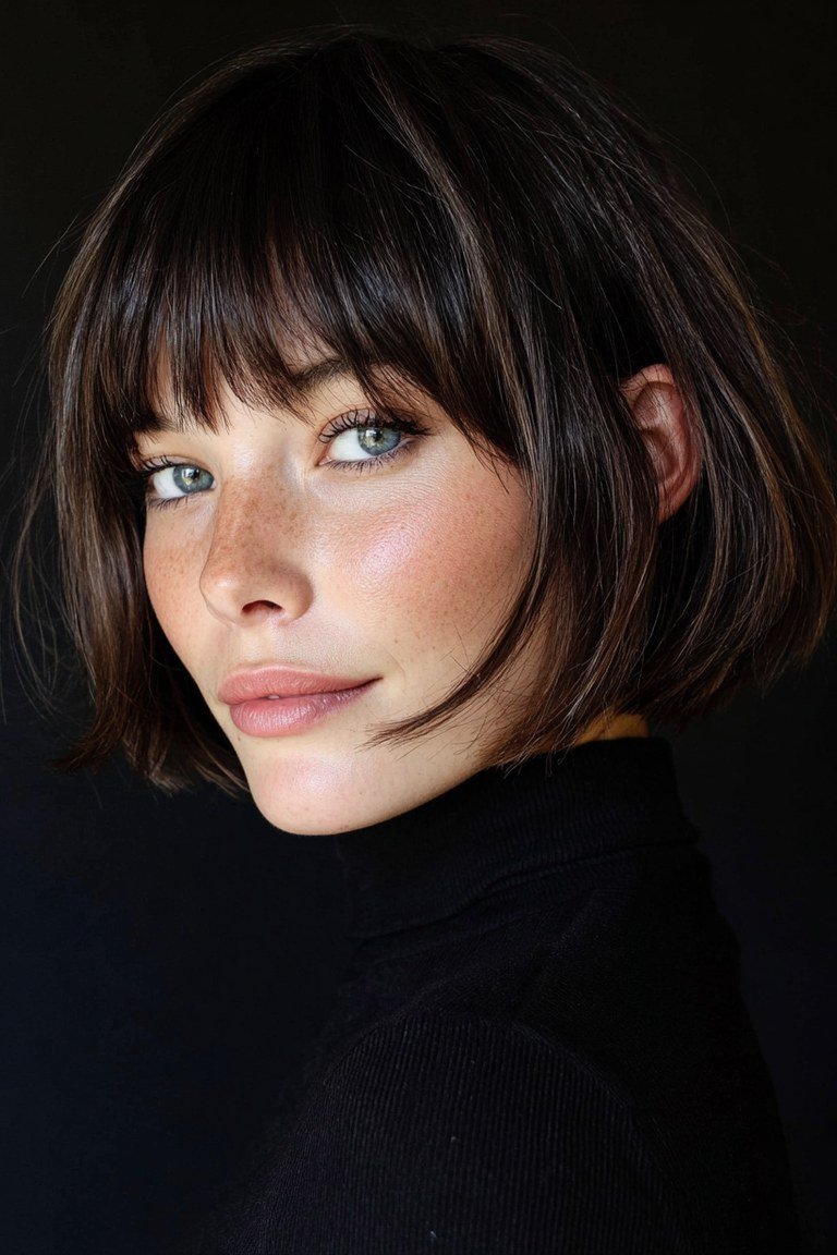 Jaw length bob paired with short micro bangs for edgy soft contrast