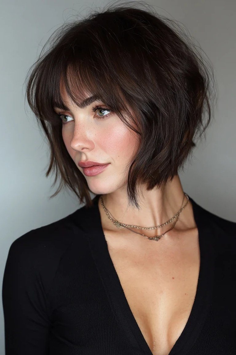 Jaw length bob with light wispy fringe on a sharp precise base