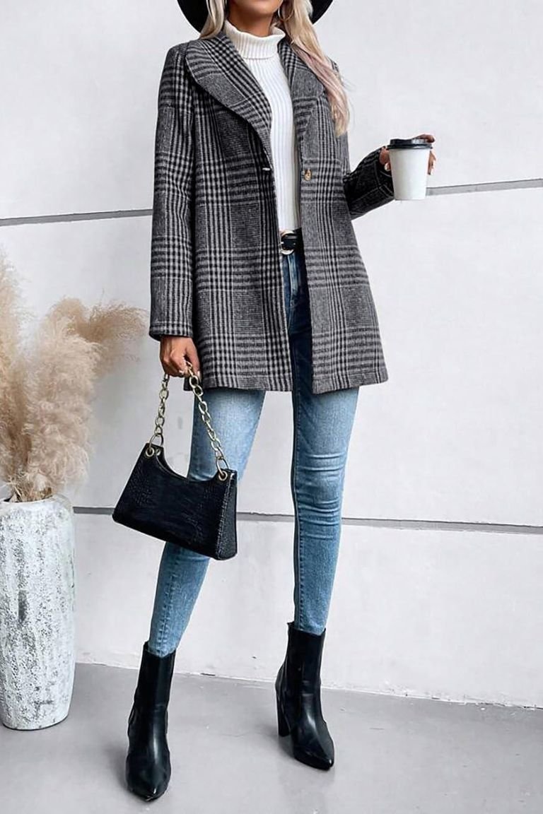 Grey plaid coat with a white turtleneck and jeans, a fresh casual plaid winter outfit