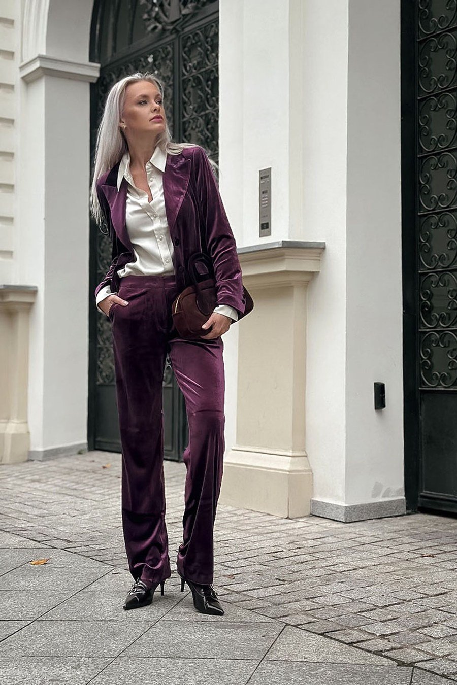 Plum velvet suit with black ankle boots