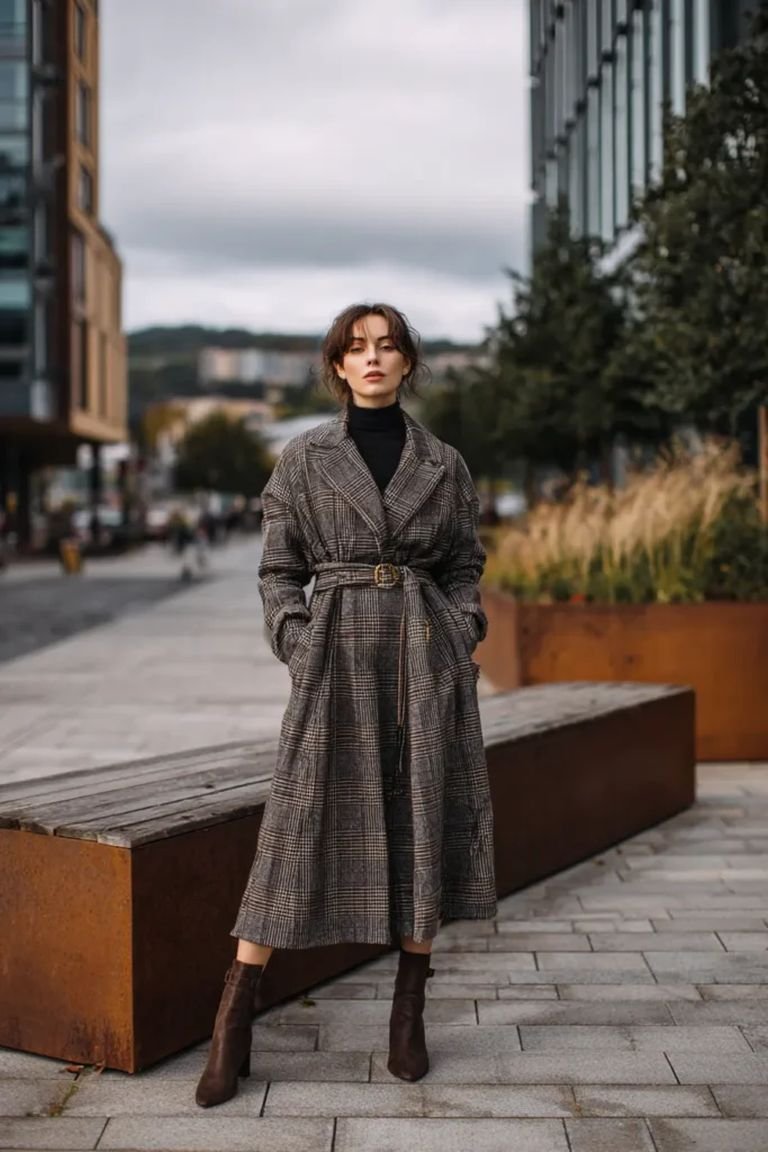 Belted plaid coat with knee boots, a polished plaid winter travel outfit