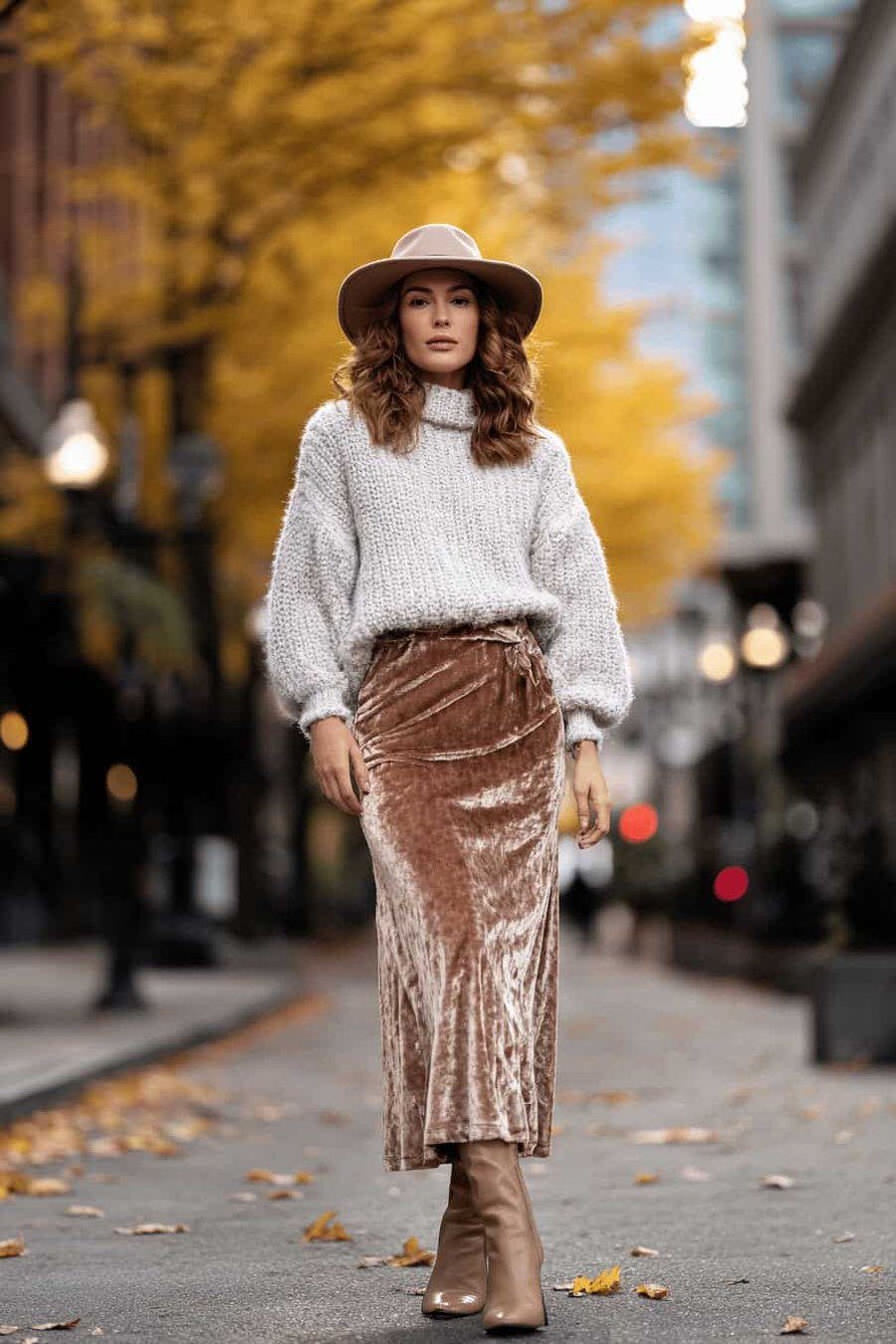Chocolate velvet midi skirt with cream knit and suede boots