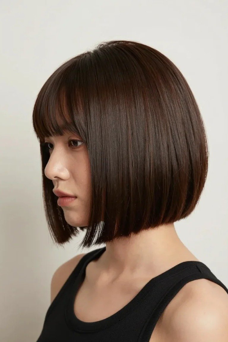 Deep side-part jaw length cut with dramatic swept volume, evening-ready