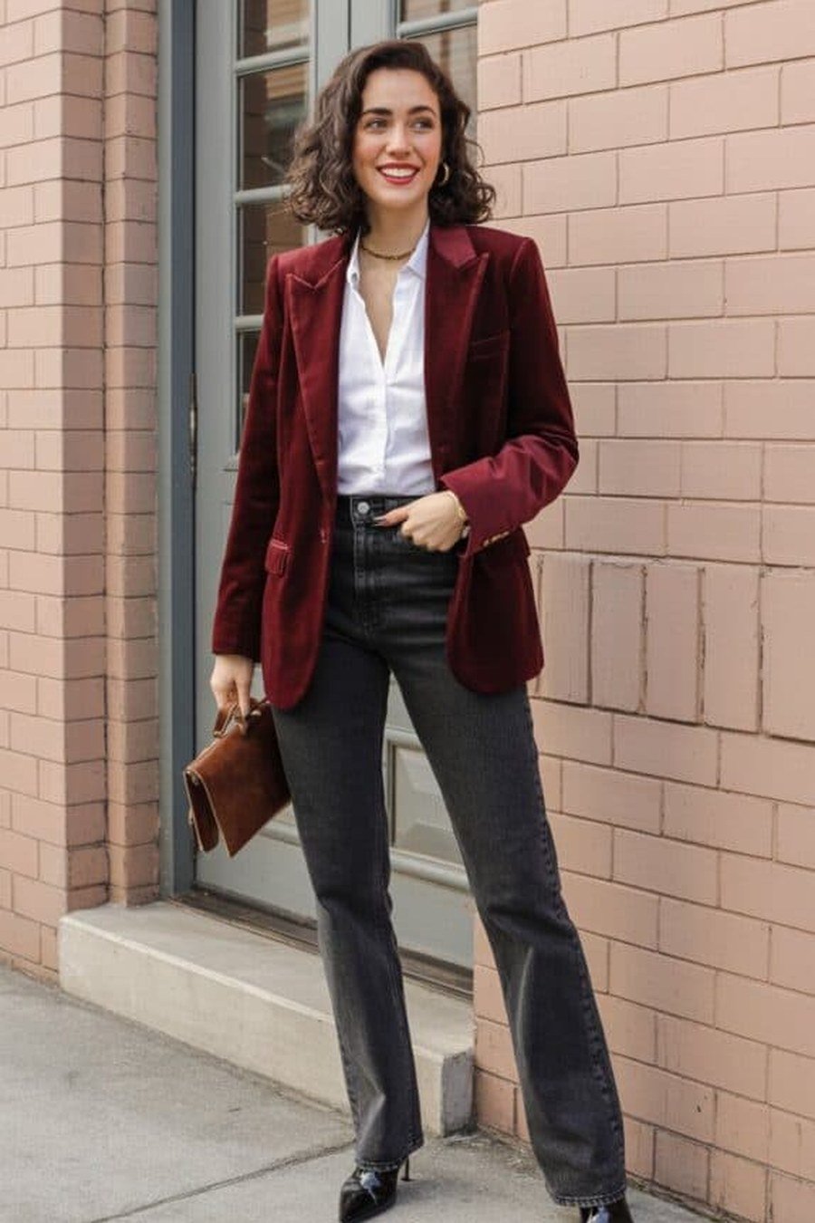 Burgundy velvet blazer with dark jeans and ankle boots