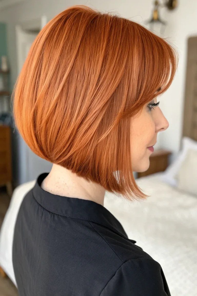 Sleek copper jaw length bob with warm metallic tones along the jawline