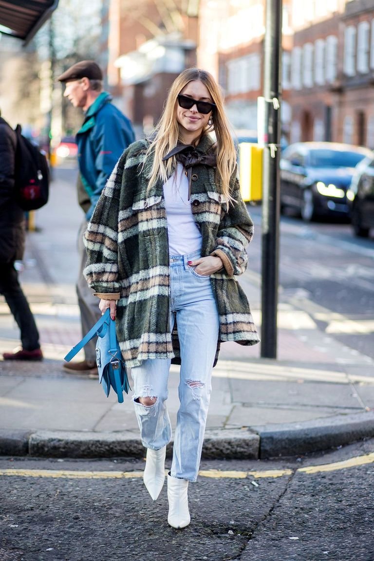 Plaid jacket with a white tee and dark jeans, a smart casual plaid winter outfit