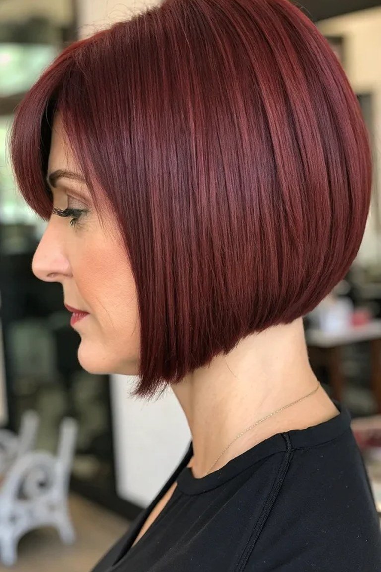 Glossy cherry red jaw length bob, vivid color cut to the jawline