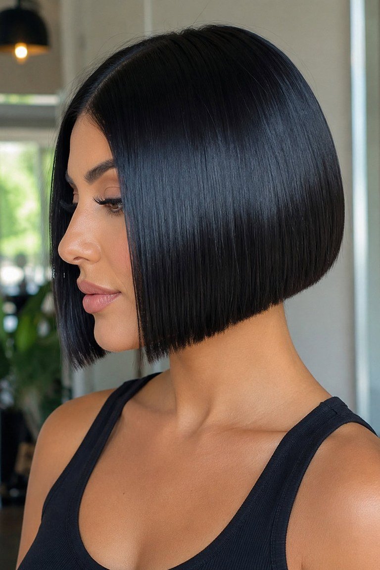 Jet black jaw length bob with the sharpest glossy definition