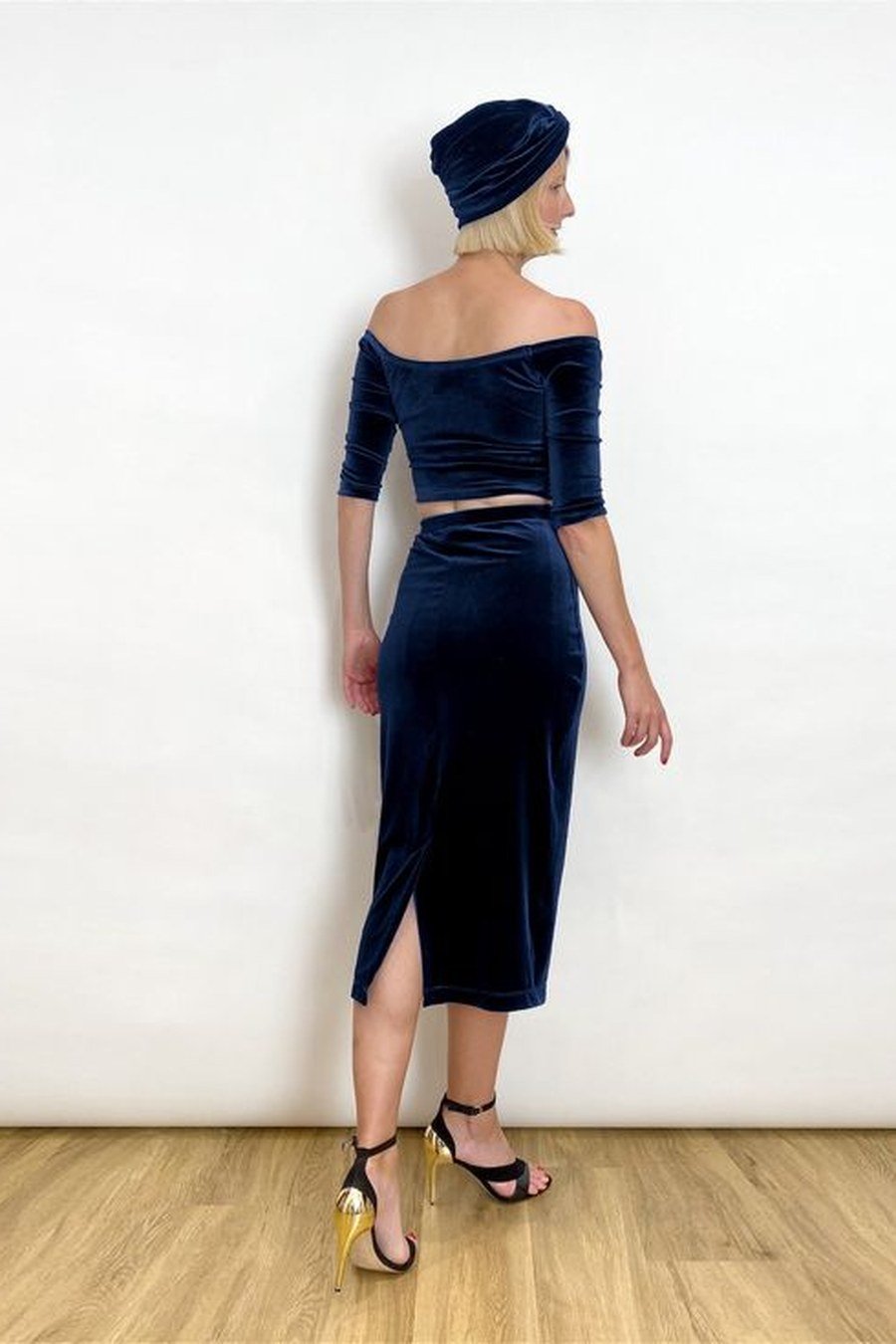 Navy velvet pencil skirt with matching velvet top