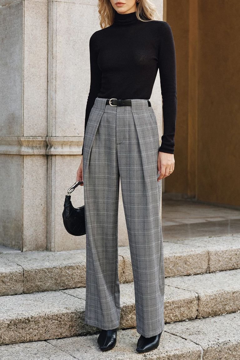 Plaid wide-leg trousers with a black turtleneck, a modern plaid winter outfit for the office